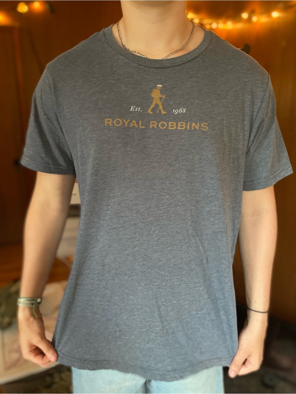 Royal Robbins Heather Gray Short-Sleeve Logo Tee with Gold Print